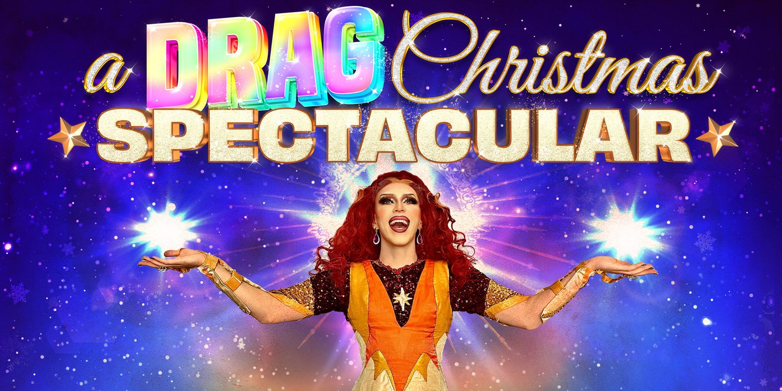 A Drag Christmas Spectacular! Title graphic for "A Drag Christmas Spectacular" in rainbow and gold lettering, featuring drag queen Krisa Gonna in a gold costume with outstretched arms holding glowing lights against a starry blue background.
